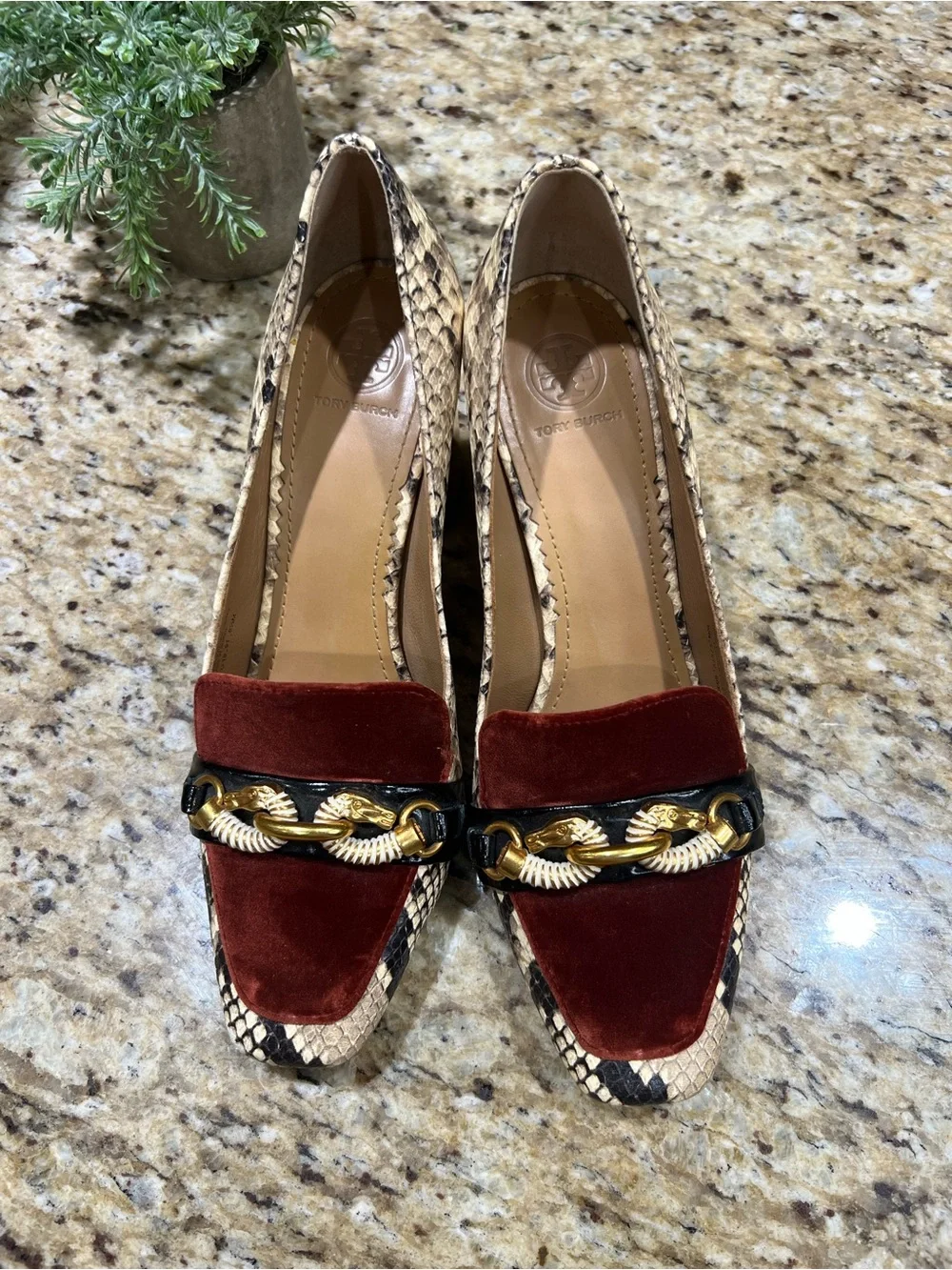 Tory Burch Jessa Velvet & Snake Leather Print Burgundy and Brown Loafers 8.5M